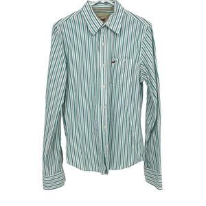 Hollister White Green Men's Pacific Merch Striped Long Sleeve 100% Cotton Medium